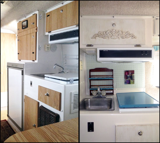 Before & After Pictures of Kitchen in Mrs. Padilly's Casita Trailer Glamping Makeover