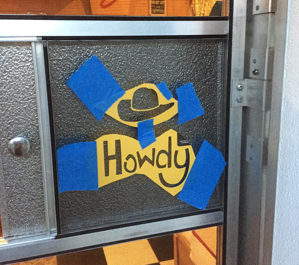 Howdy Stencil on Shasta Screen Door