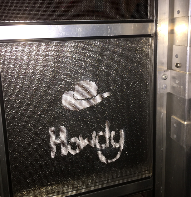 Howdy Stenciled on a Shasta Screen Door